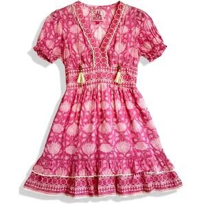 Pink Floral Dress Designer Boho Festival Tropical Tiered Smock Waist Flowy S